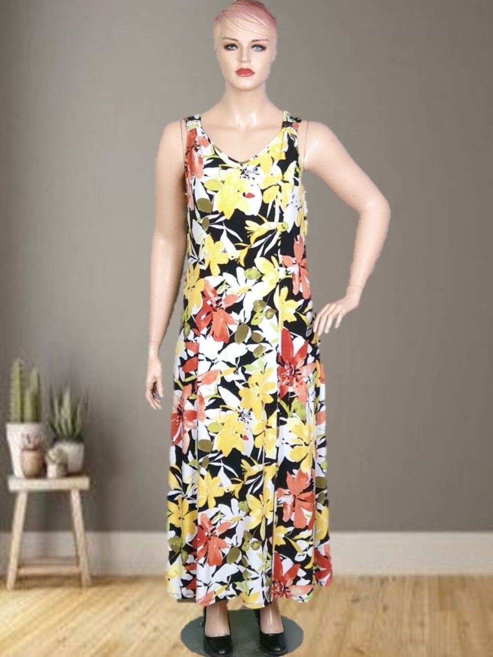 SUSAN GRAVER size L multicolor floral sleeveless A-line maxi dress poly/span